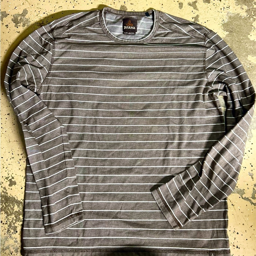 prAna Long Sleeve Brown and Cream Stripe Crewneck XL